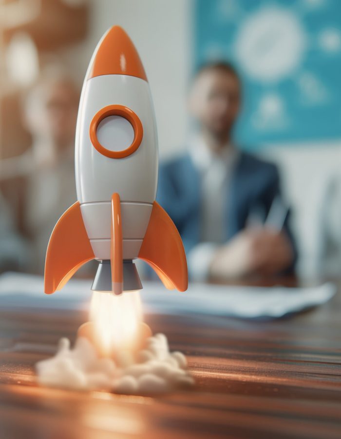 A model rocket launching from a conference table with business people in the background, symbolizing startup or business growth. A model rocket launching from a conference table with business people in the background, symbolizing startup or business growth.